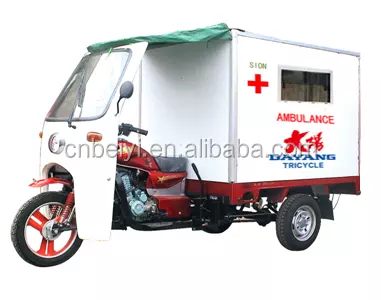 4 People Closed Ambulance Motorized Tricycle in Africa 201 - 250cc 11L Gasoline Passenger Drum Brake 2.8l/100km Electric/kick