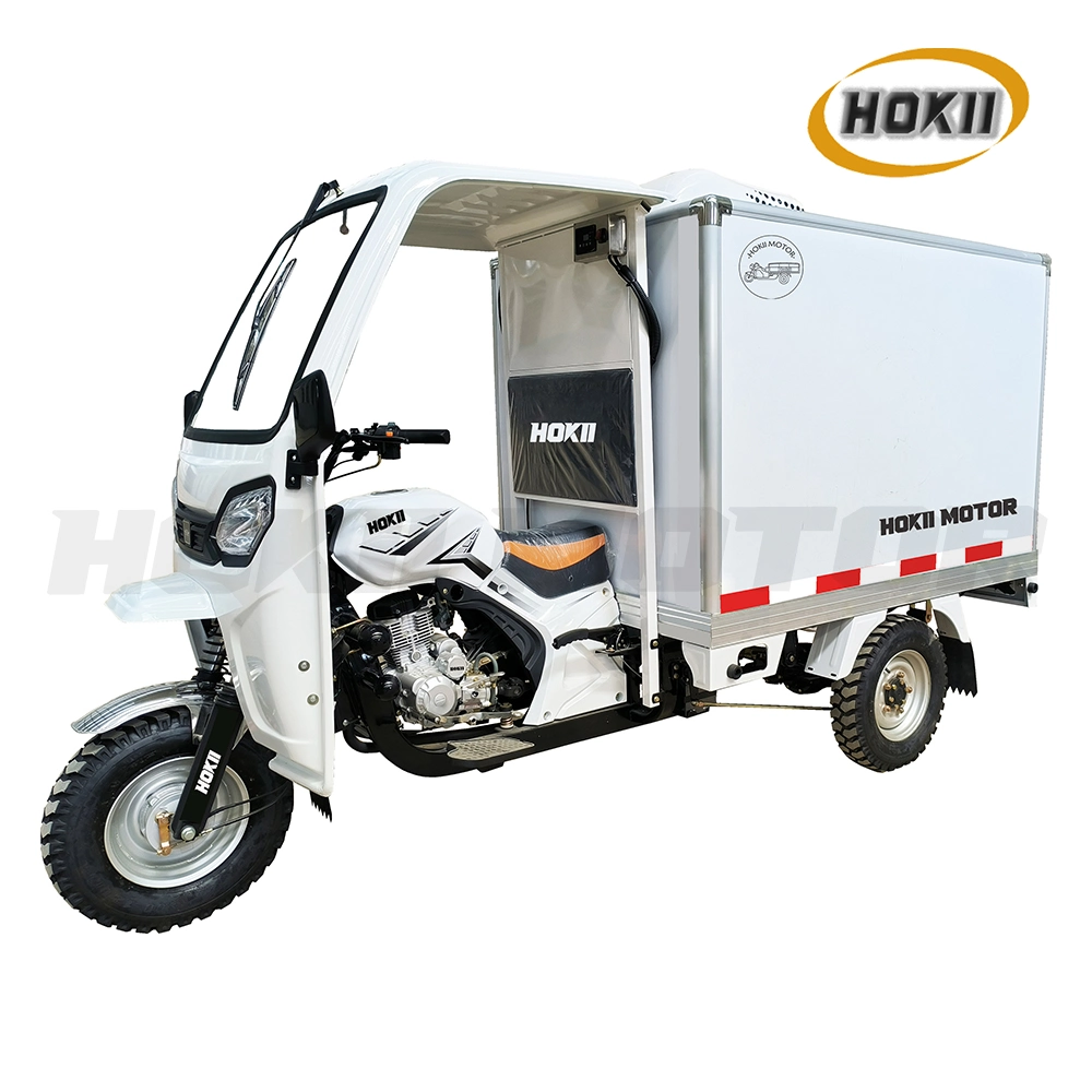 China Hokii Motor Manufacturer New Model Petrol 150cc Air Cooled Gasoline Engine Ice Cream Tricycle Frozen Tricycle Cargo Tricycle for Food and Fruit Transport