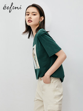 伊芙丽上衣2020夏新款女装纯棉韩版体恤女衣服绿色宽松短袖