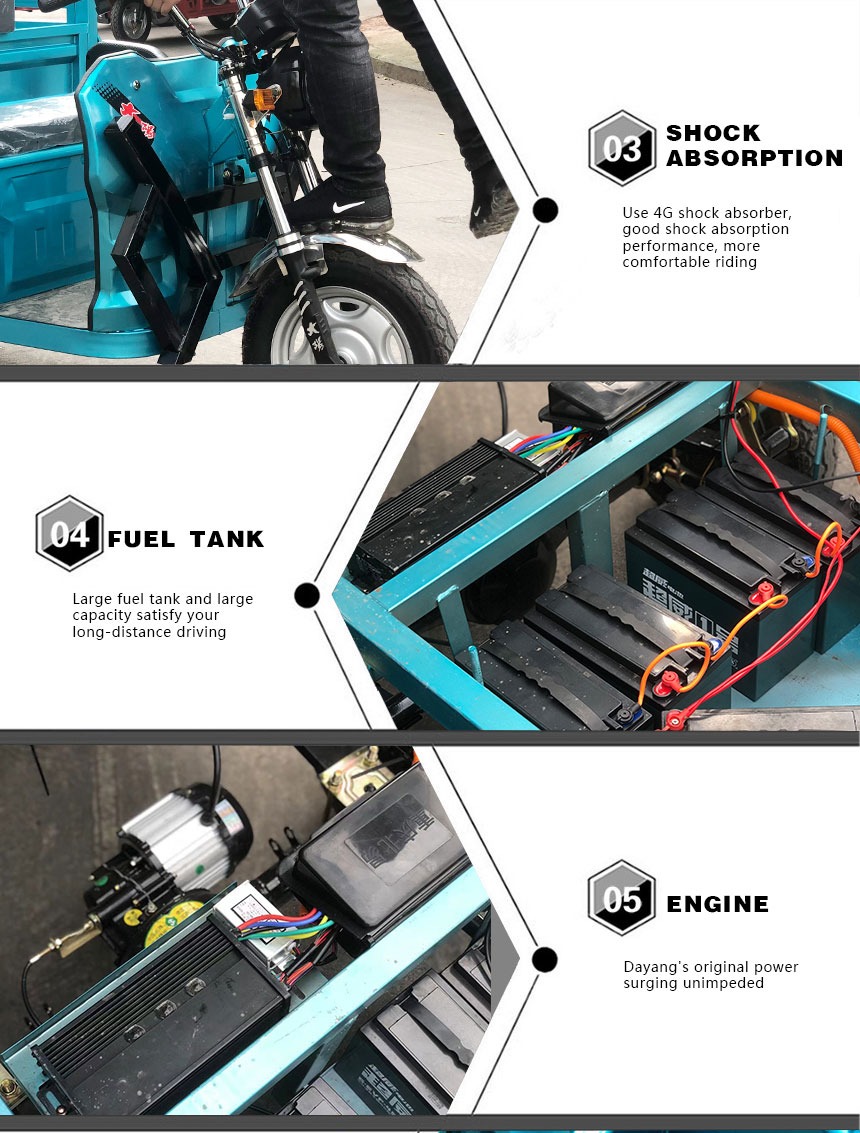 DY-E2A China 3 ruedas con dos asientos, bicicleta de carga eléctrica de tres ruedas 800W