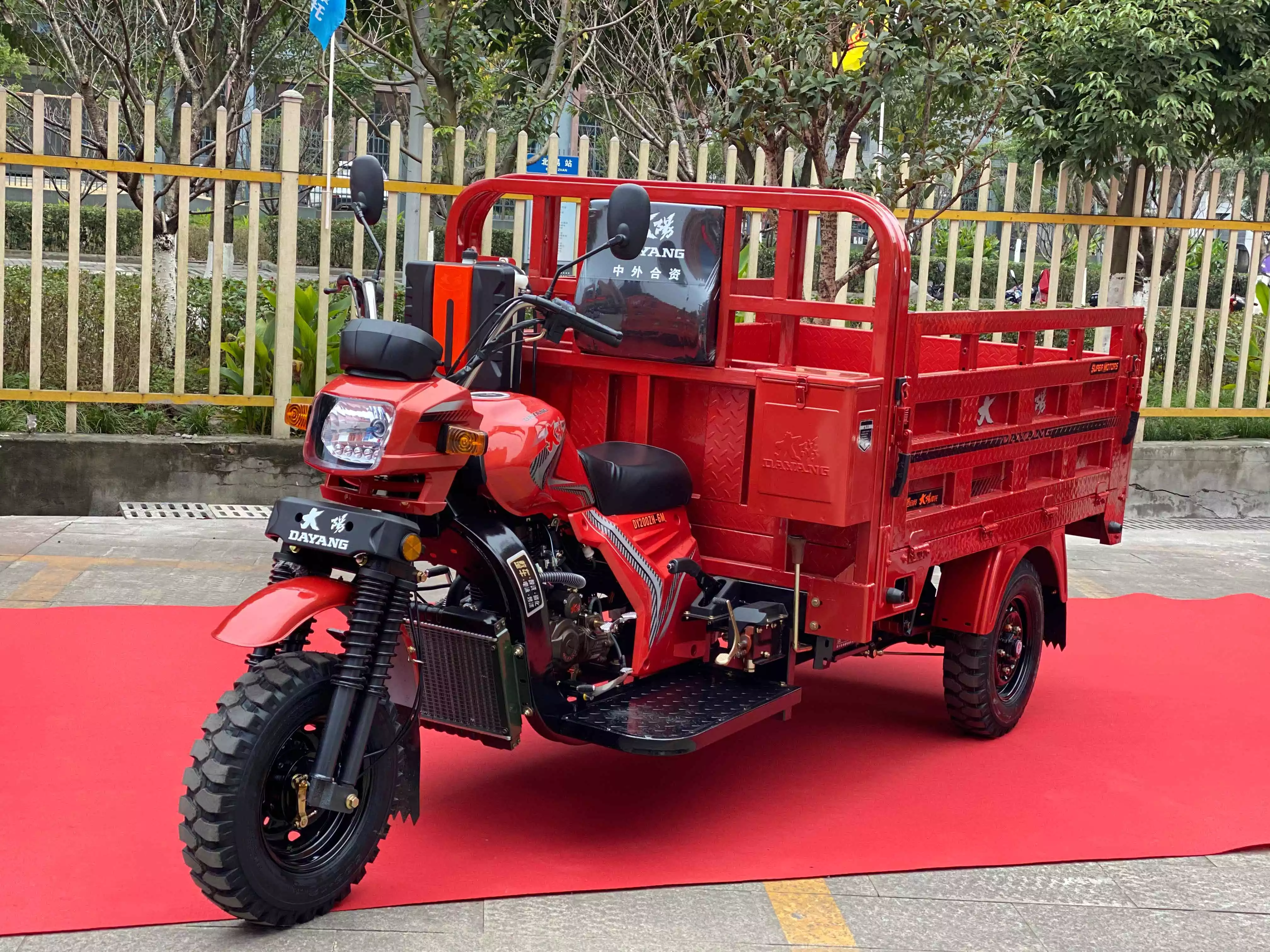 China DAYANG 3 wheels farm vehicle heavy duty loading motorcycles 20cc power engine tricycle red body box packing color brake