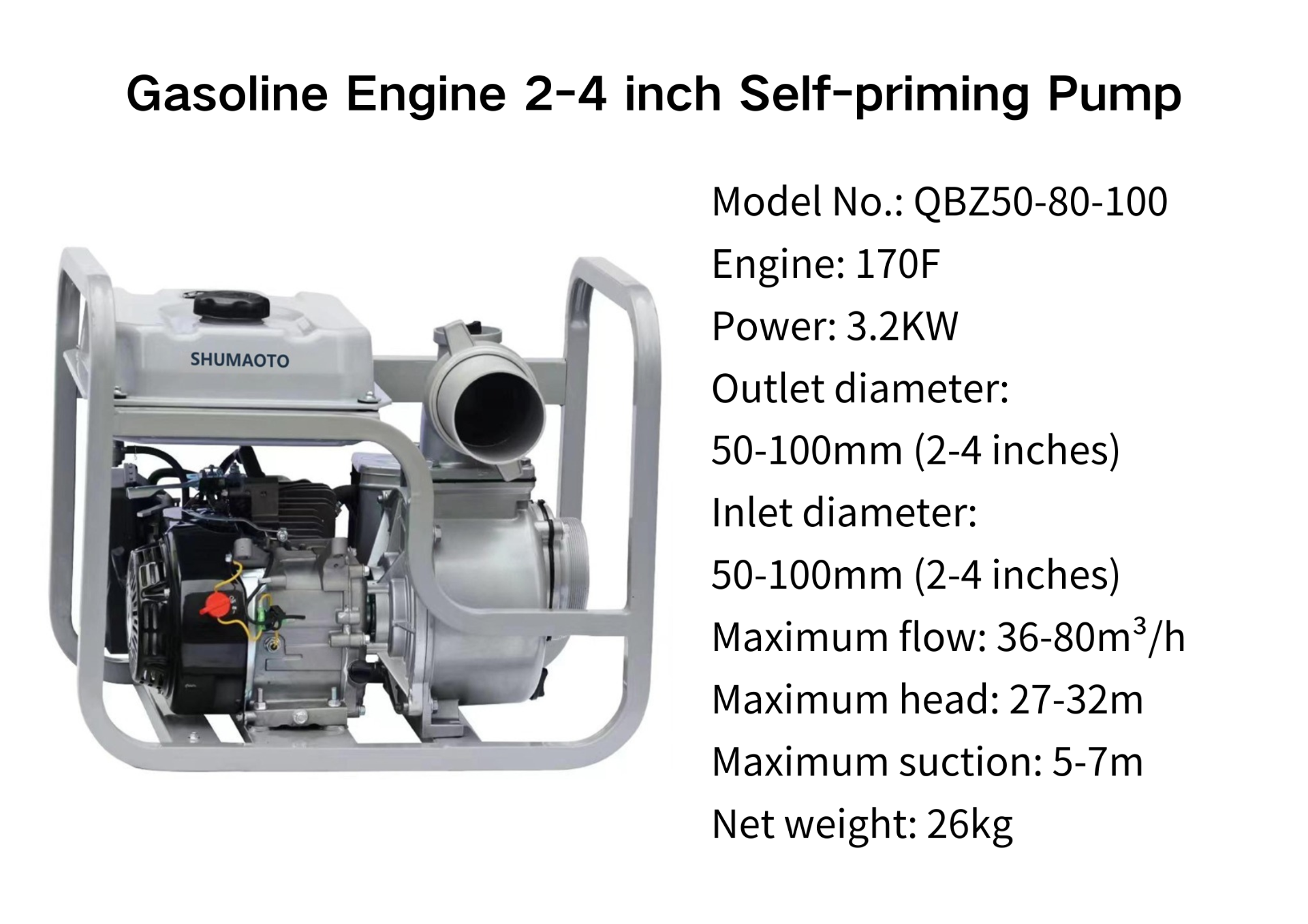 3.2kw 3200w  2-4inch.  Industrial  Petrol Powered Self-priming Pump Factory Direct Sale